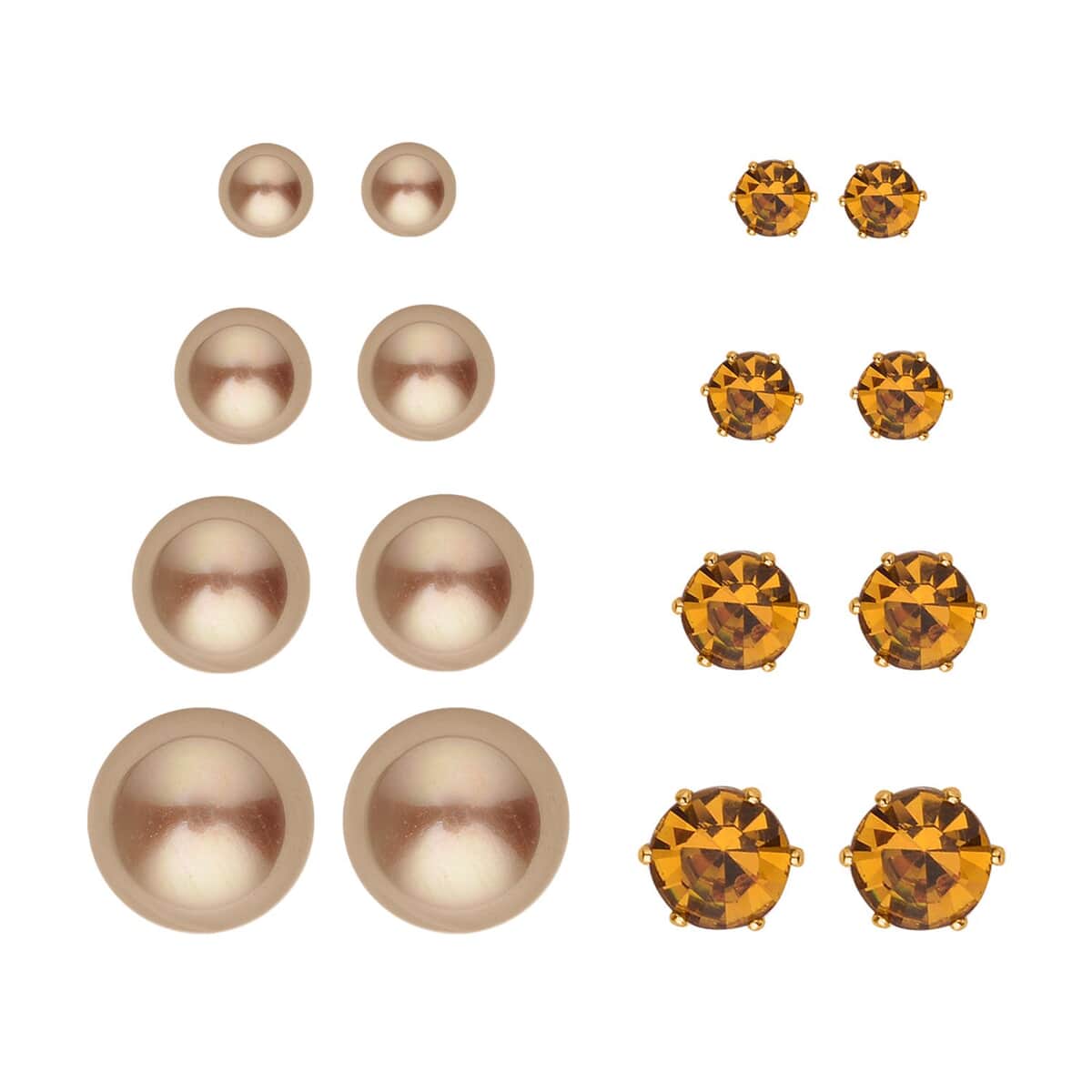 9pcs Set - 4pcs Champagne Shell Pearl Earrings, 4pcs Champagne Crystal Earrings and 1pc Bracelet (7.5-9.5In) in Goldtone & Stainless Steel , Tarnish-Free, Waterproof, Sweat Proof Jewelry image number 3