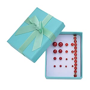 9pcs Jewelry Set - 4pcs Red Shell Pearl Earrings, 4pcs Red Crystal Earrings and 1pc Bracelet (7.5-9.5 Inches) in Goldtone & Stainless Steel