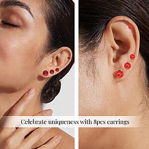 9pcs Jewelry Set - 4pcs Red Shell Pearl Earrings, 4pcs Red Crystal Earrings and 1pc Bracelet (7.5-9.5 Inches) in Goldtone & Stainless Steel