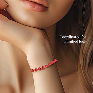 9pcs Jewelry Set - 4pcs Red Shell Pearl Earrings, 4pcs Red Crystal Earrings and 1pc Bracelet (7.5-9.5 Inches) in Goldtone & Stainless Steel