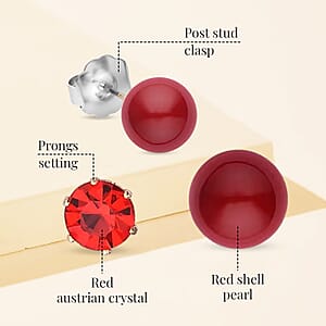 9pcs Jewelry Set - 4pcs Red Shell Pearl Earrings, 4pcs Red Crystal Earrings and 1pc Bracelet (7.5-9.5 Inches) in Goldtone & Stainless Steel