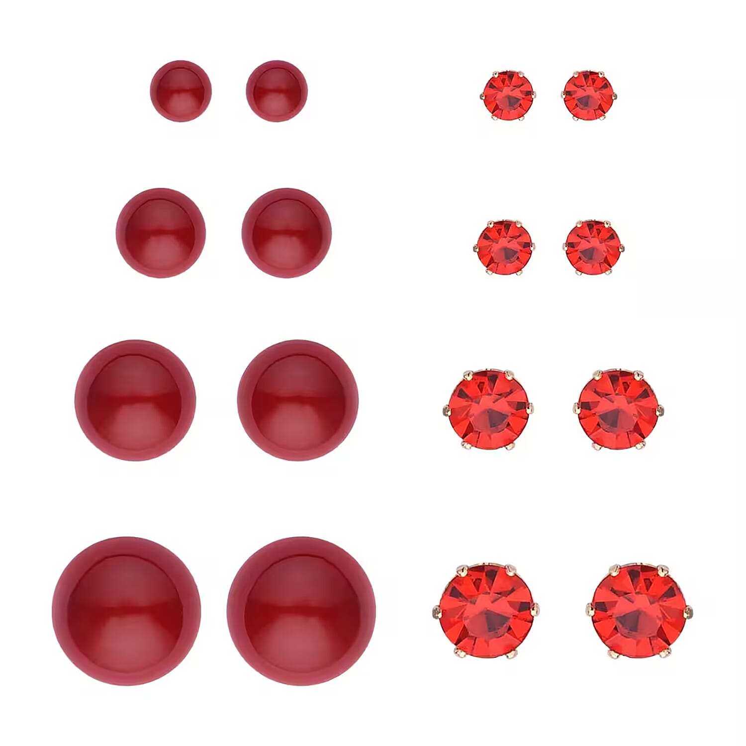 9pcs Jewelry Set - 4pcs Red Shell Pearl Earrings, 4pcs Red Crystal Earrings and 1pc Bracelet (7.5-9.5 Inches) in Goldtone & Stainless Steel