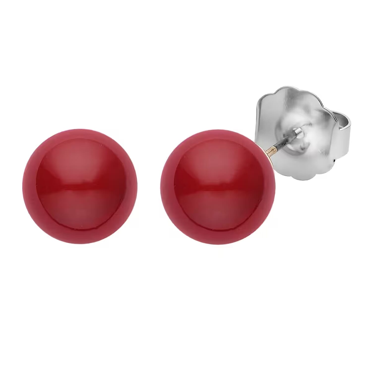 9pcs Jewelry Set - 4pcs Red Shell Pearl Earrings, 4pcs Red Crystal Earrings and 1pc Bracelet (7.5-9.5 Inches) in Goldtone & Stainless Steel