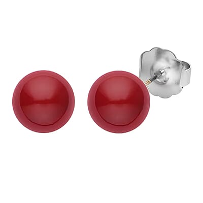 9pcs Jewelry Set - 4pcs Red Shell Pearl Earrings, 4pcs Red Crystal Earrings and 1pc Bracelet (7.5-9.5 Inches) in Goldtone & Stainless Steel