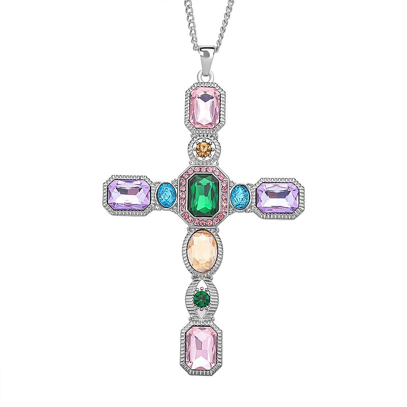 Multi Color Austrian Crystal and Magic Color Glass Cross Pendant Necklace 29-31 Inches in Silvertone