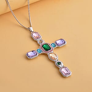 Multi Color Austrian Crystal and Magic Color Glass Cross Pendant Necklace 29-31 Inches in Silvertone