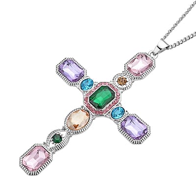 Multi Color Austrian Crystal and Magic Color Glass Cross Pendant Necklace 29-31 Inches in Silvertone