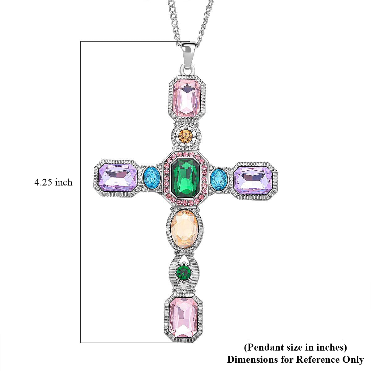 Multi Color Austrian Crystal and Magic Color Glass Cross Pendant Necklace 29-31 Inches in Silvertone image number 5