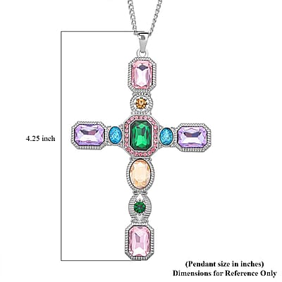 Multi Color Austrian Crystal and Magic Color Glass Cross Pendant Necklace 29-31 Inches in Silvertone