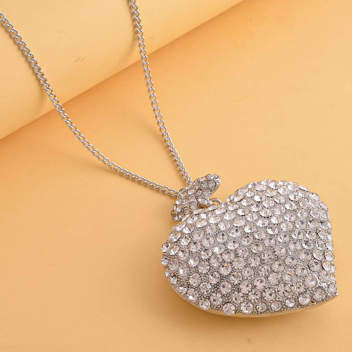 White Austrian Crystal Heart Shape Pendant Necklace 29-31 Inches in Silvertone image number 1