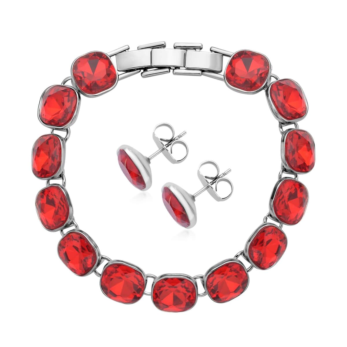 Doorbuster Simulated Ruby Tennis Bracelet (7-8In) and Stud Earrings in Silvertone image number 0