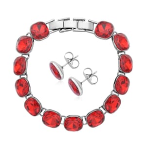 Simulated Ruby Tennis Bracelet (7-8In) and Stud Earrings in Silvertone