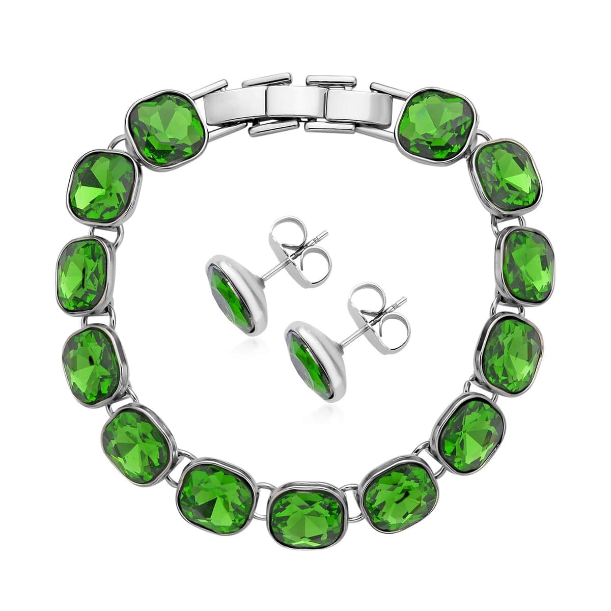 Simulated Emerald Tennis Bracelet (7-8In) and Stud Earrings in Silvertone image number 0