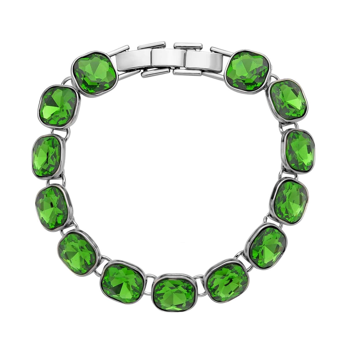 Simulated Emerald Tennis Bracelet (7-8In) and Stud Earrings in Silvertone image number 2