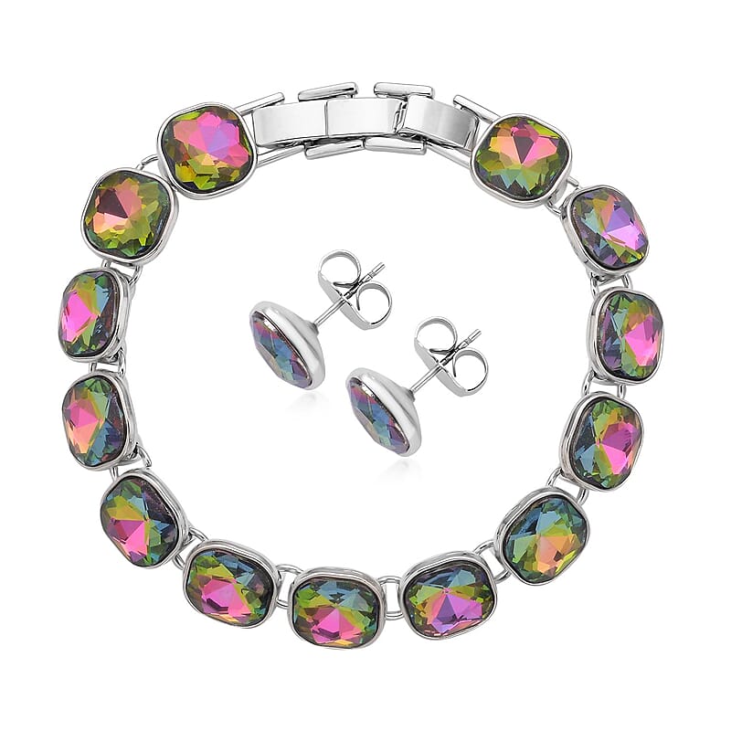 Simulated Magic Color Quartz Tennis Bracelet (7-8In) and Stud Earrings in Silvertone