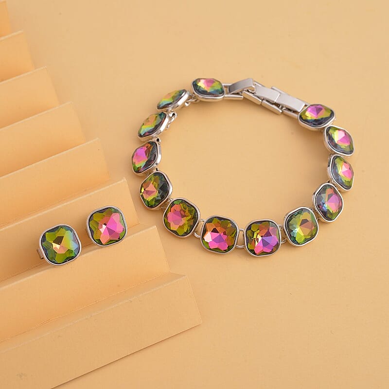 Simulated Magic Color Quartz Tennis Bracelet (7-8In) and Stud Earrings in Silvertone