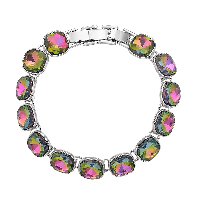Simulated Magic Color Quartz Tennis Bracelet (7-8In) and Stud Earrings in Silvertone
