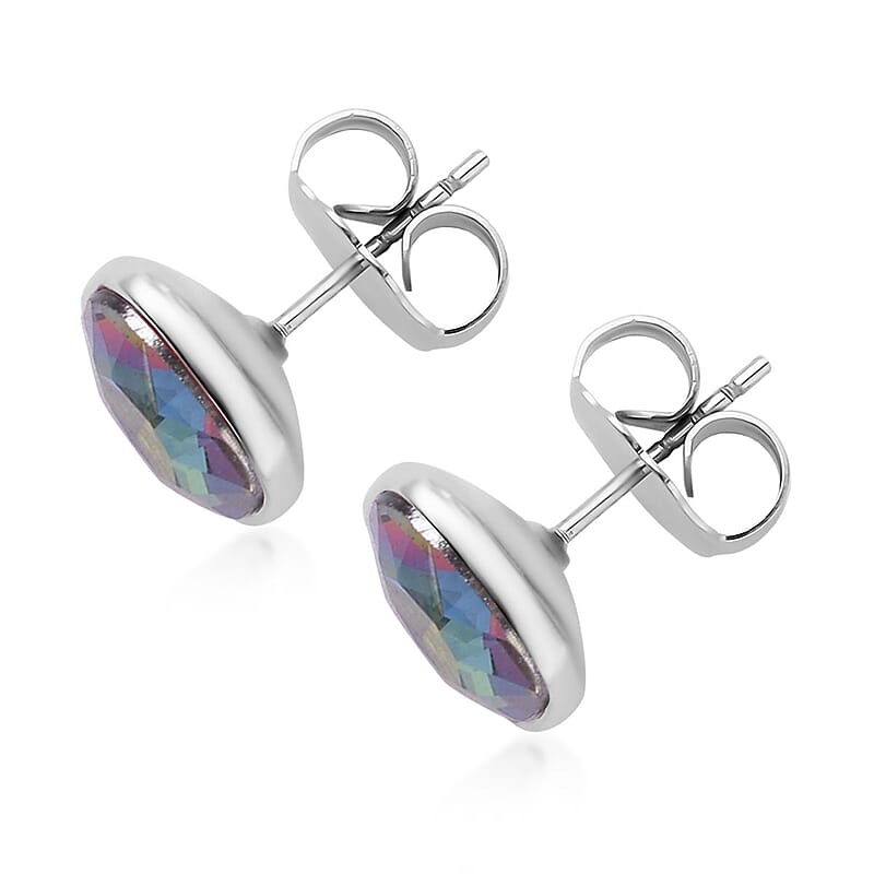 Simulated Magic Color Quartz Tennis Bracelet (7-8In) and Stud Earrings in Silvertone