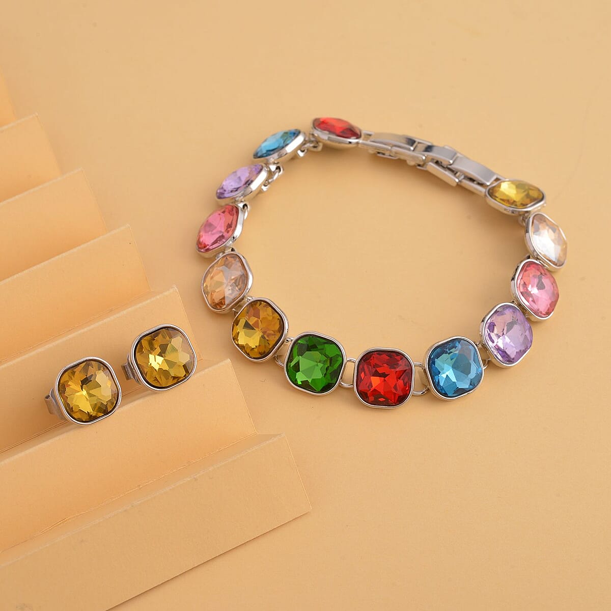 Simulated Multi Gemstone Tennis Bracelet (7-8In) and Stud Earrings in Silvertone image number 1