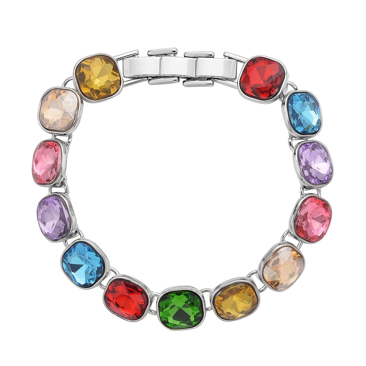 Simulated Multi Gemstone Tennis Bracelet (7-8In) and Stud Earrings in Silvertone image number 2
