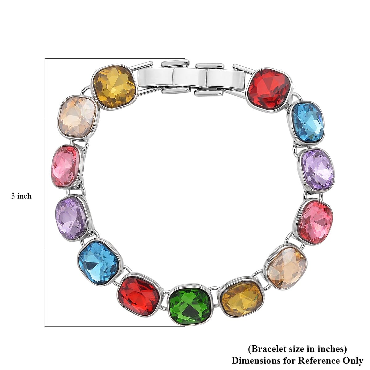 Simulated Multi Gemstone Tennis Bracelet (7-8In) and Stud Earrings in Silvertone image number 3