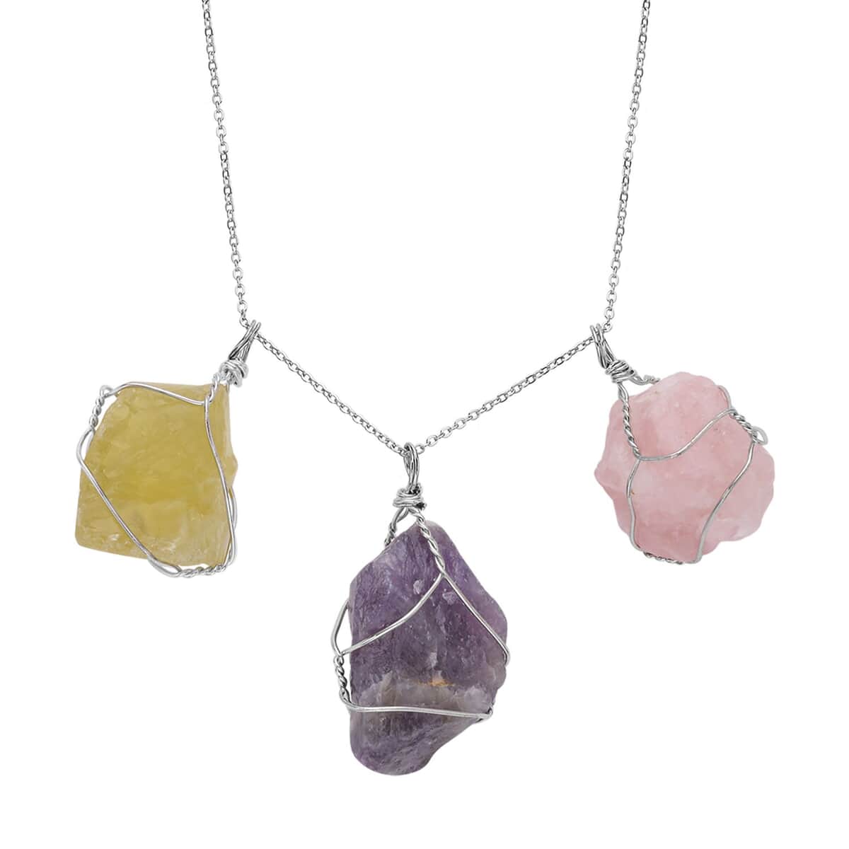 Doorbuster Rough Cut Galilea Rose Quartz, Amethyst and Brazilian Citrine Pendant Necklace 20 Inches in Silvertone and Stainless Steel 250.00 ctw image number 0