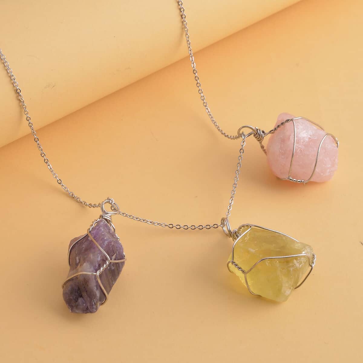 Doorbuster Rough Cut Galilea Rose Quartz, Amethyst and Brazilian Citrine Pendant Necklace 20 Inches in Silvertone and Stainless Steel 250.00 ctw image number 1