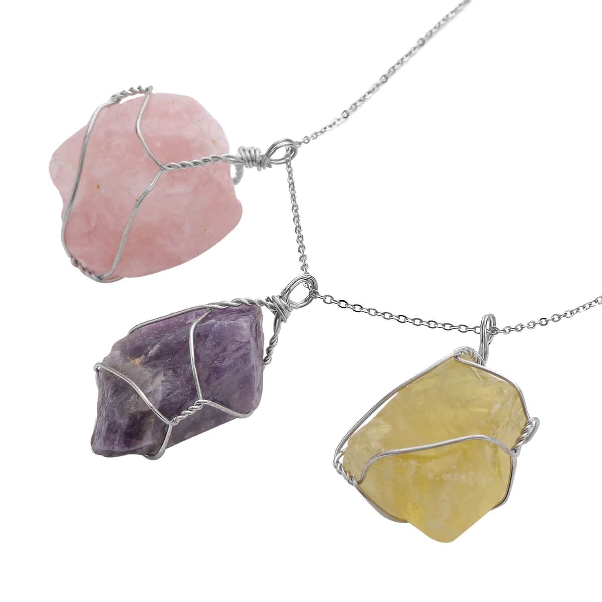 Doorbuster Rough Cut Galilea Rose Quartz, Amethyst and Brazilian Citrine Pendant Necklace 20 Inches in Silvertone and Stainless Steel 250.00 ctw image number 2