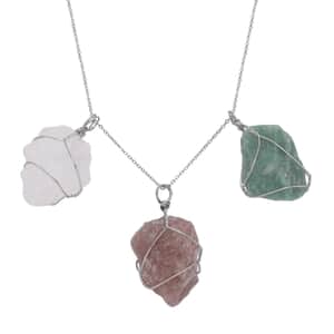 Rough Cut Strawberry Quartz, Green Aventurine, White Quartz Pendant Necklace (20 Inches) in Silvertone and Stainless Steel 270.00 ctw , Tarnish-Free, Waterproof, Sweat Proof Jewelry