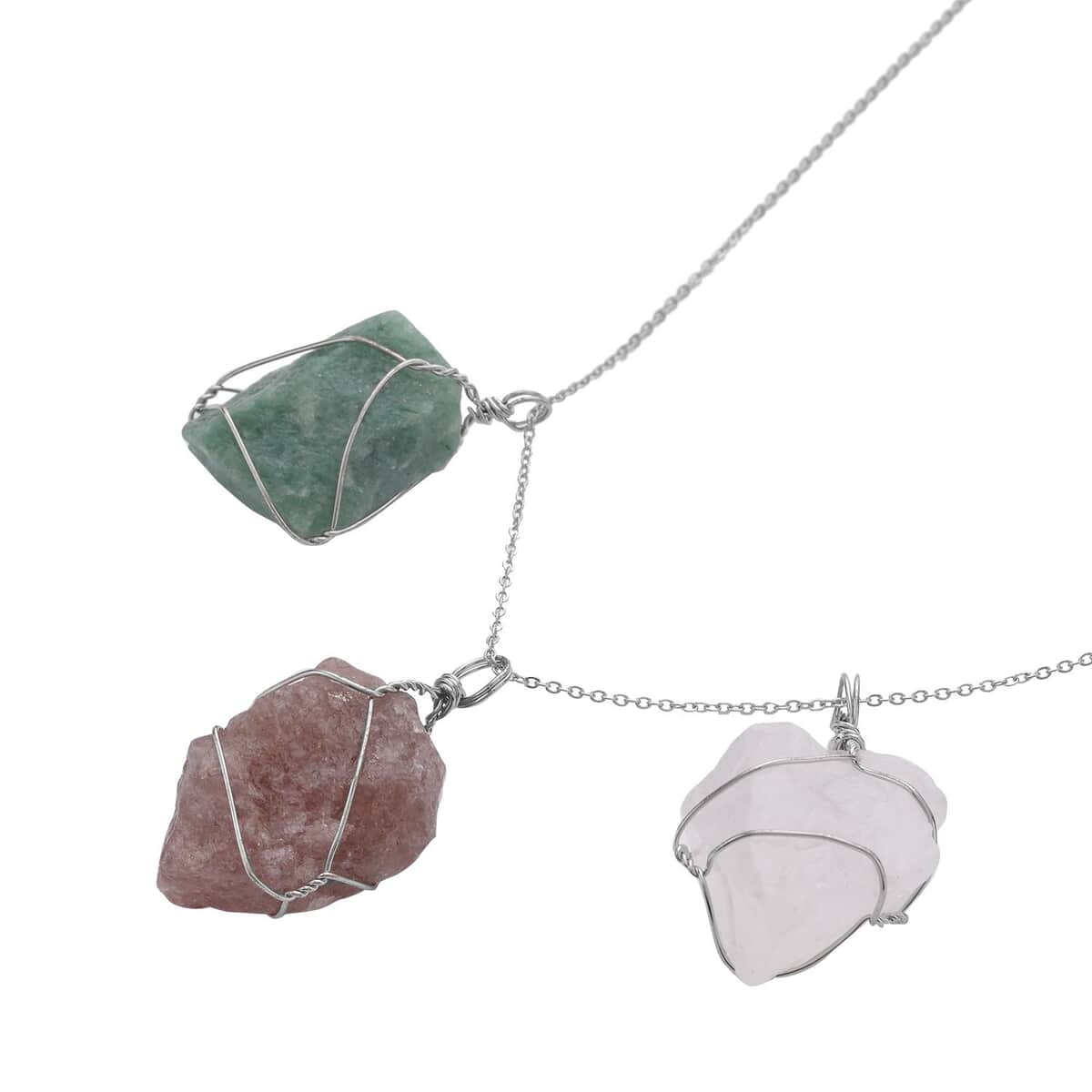 Rough Cut Strawberry Quartz, Green Aventurine, White Quartz Pendant Necklace (20 Inches) in Silvertone and Stainless Steel 270.00 ctw , Tarnish-Free, Waterproof, Sweat Proof Jewelry image number 2