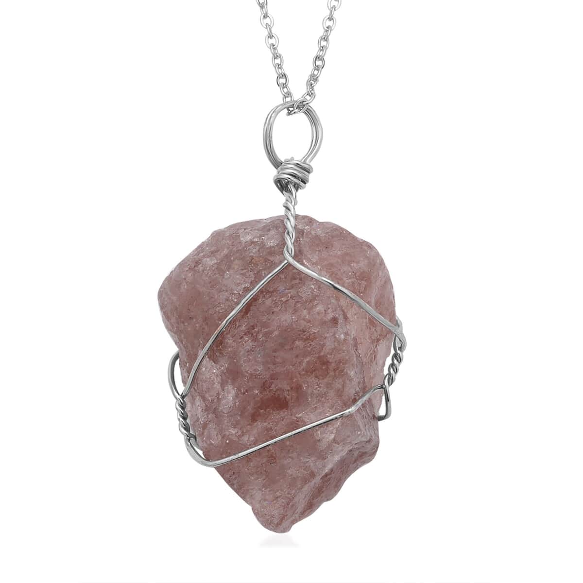 Rough Cut Strawberry Quartz, Green Aventurine, White Quartz Pendant Necklace (20 Inches) in Silvertone and Stainless Steel 270.00 ctw , Tarnish-Free, Waterproof, Sweat Proof Jewelry image number 4