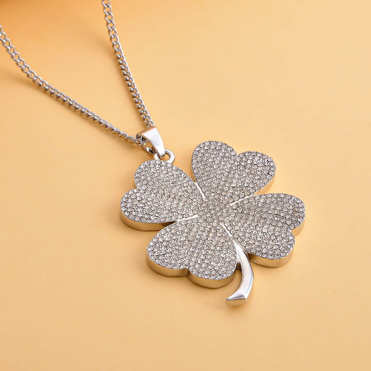 Austrian Crystal Leaf Clover Pendant Necklace 29-31 Inches in Silvertone image number 1