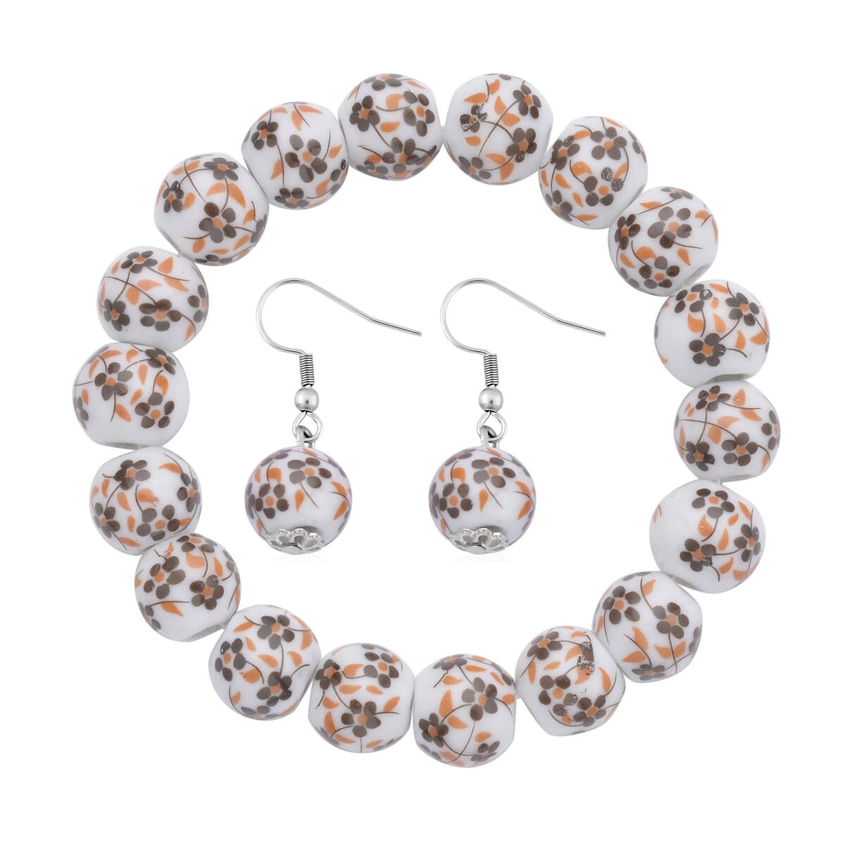 Yellow Flower Ceramic Beaded Stretch Bracelet and Earrings in Stainless Steel 246.00 ctw image number 0