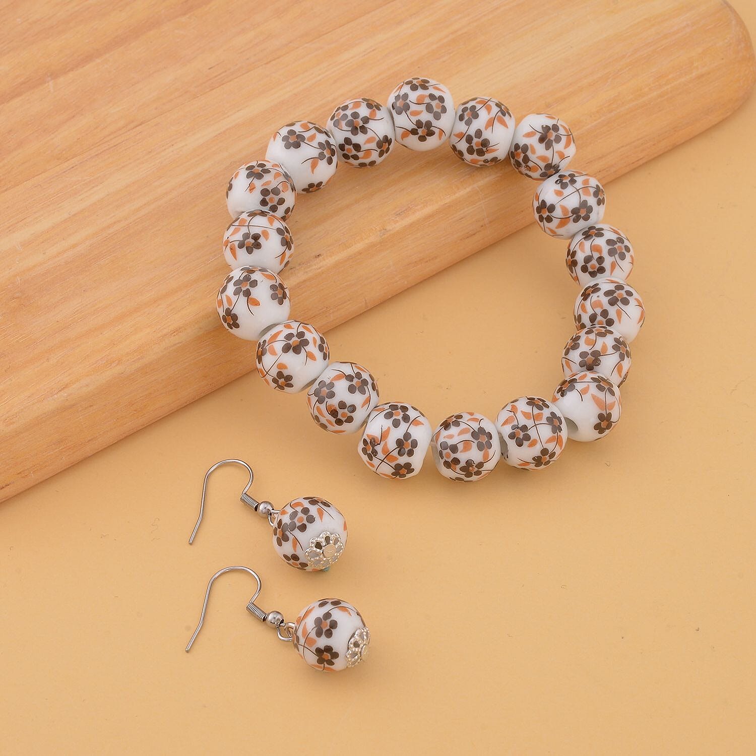 Yellow Flower Ceramic Beaded Stretch Bracelet and Earrings in Stainless Steel 246.00 ctw , Tarnish-Free, Waterproof, Sweat Proof Jewelry