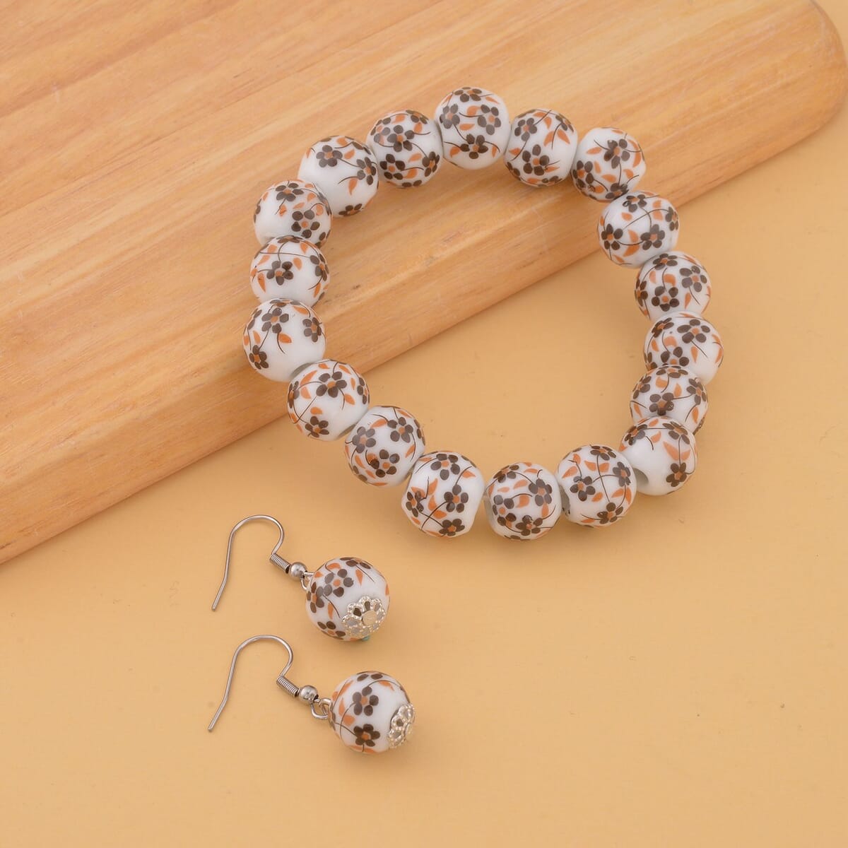 Yellow Flower Ceramic Beaded Stretch Bracelet and Earrings in Stainless Steel 246.00 ctw image number 1
