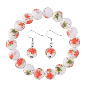 Orange Flower Ceramic Beaded Stretch Bracelet and Earrings in Stainless Steel 246.00 ctw , Tarnish-Free, Waterproof, Sweat Proof Jewelry