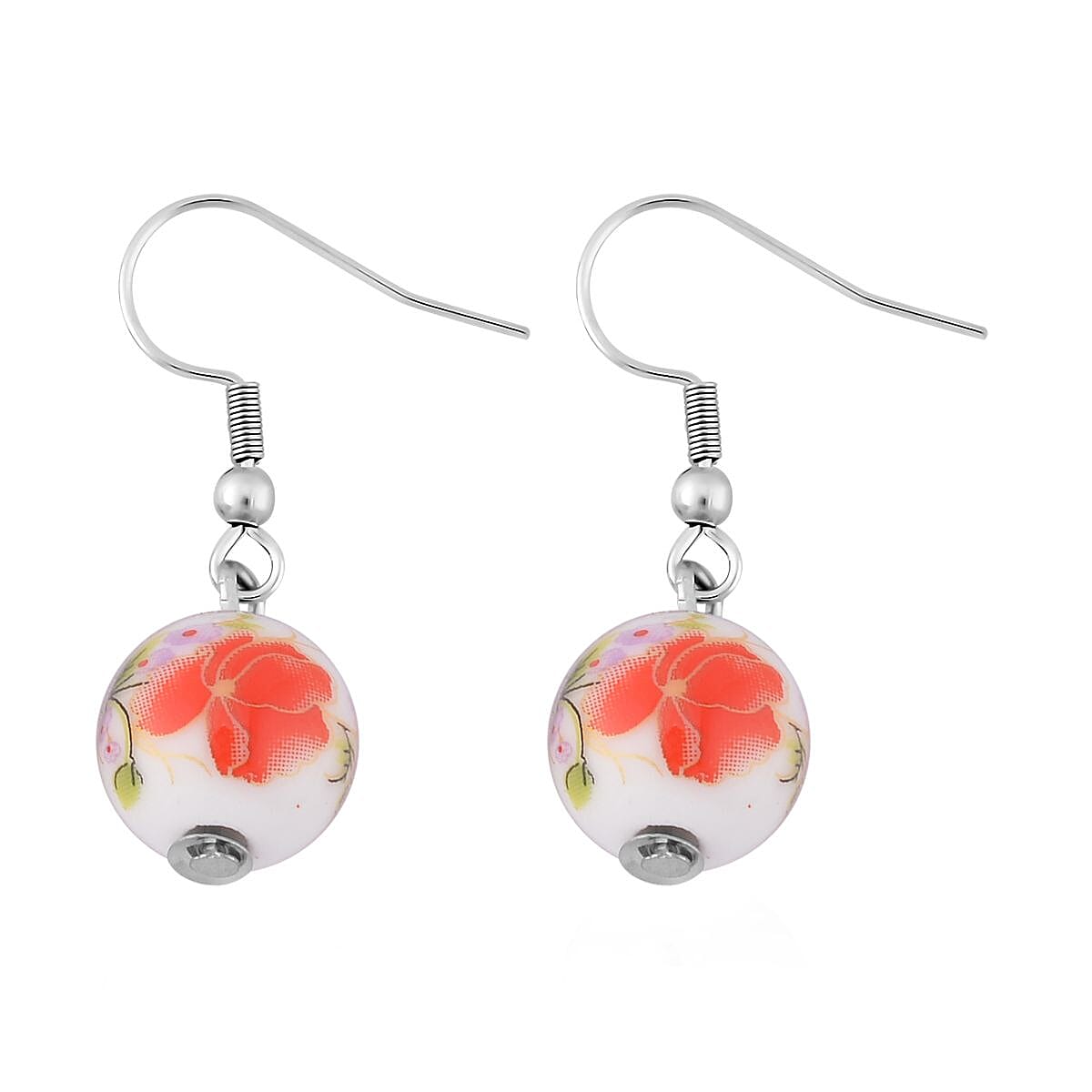 Orange Flower Ceramic Beaded Stretch Bracelet and Earrings in Stainless Steel 246.00 ctw , Tarnish-Free, Waterproof, Sweat Proof Jewelry image number 4