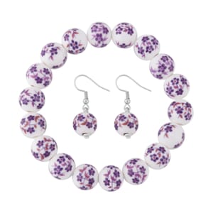 Purple Flower Ceramic Beaded Stretch Bracelet and Earrings in Stainless Steel 246.00 ctw , Tarnish-Free, Waterproof, Sweat Proof Jewelry