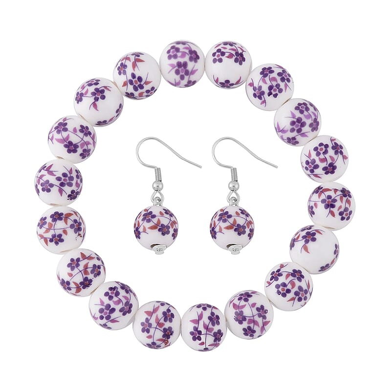Purple Flower Ceramic Beaded Stretch Bracelet and Earrings in Stainless Steel 246.00 ctw , Tarnish-Free, Waterproof, Sweat Proof Jewelry