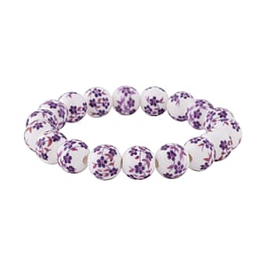 Purple Flower Ceramic Beaded Stretch Bracelet and Earrings in Stainless Steel 246.00 ctw , Tarnish-Free, Waterproof, Sweat Proof Jewelry