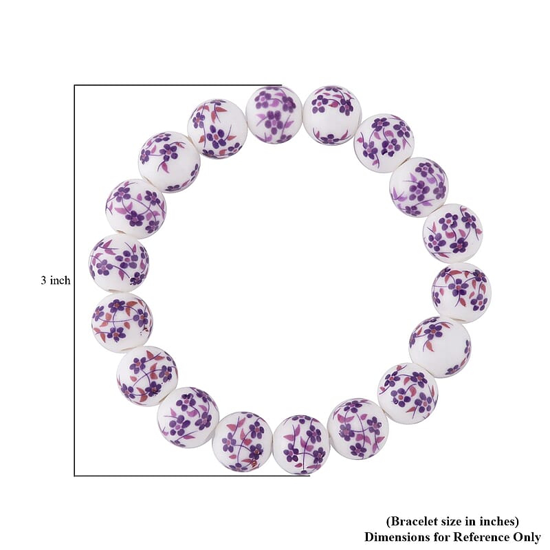 Purple Flower Ceramic Beaded Stretch Bracelet and Earrings in Stainless Steel 246.00 ctw , Tarnish-Free, Waterproof, Sweat Proof Jewelry