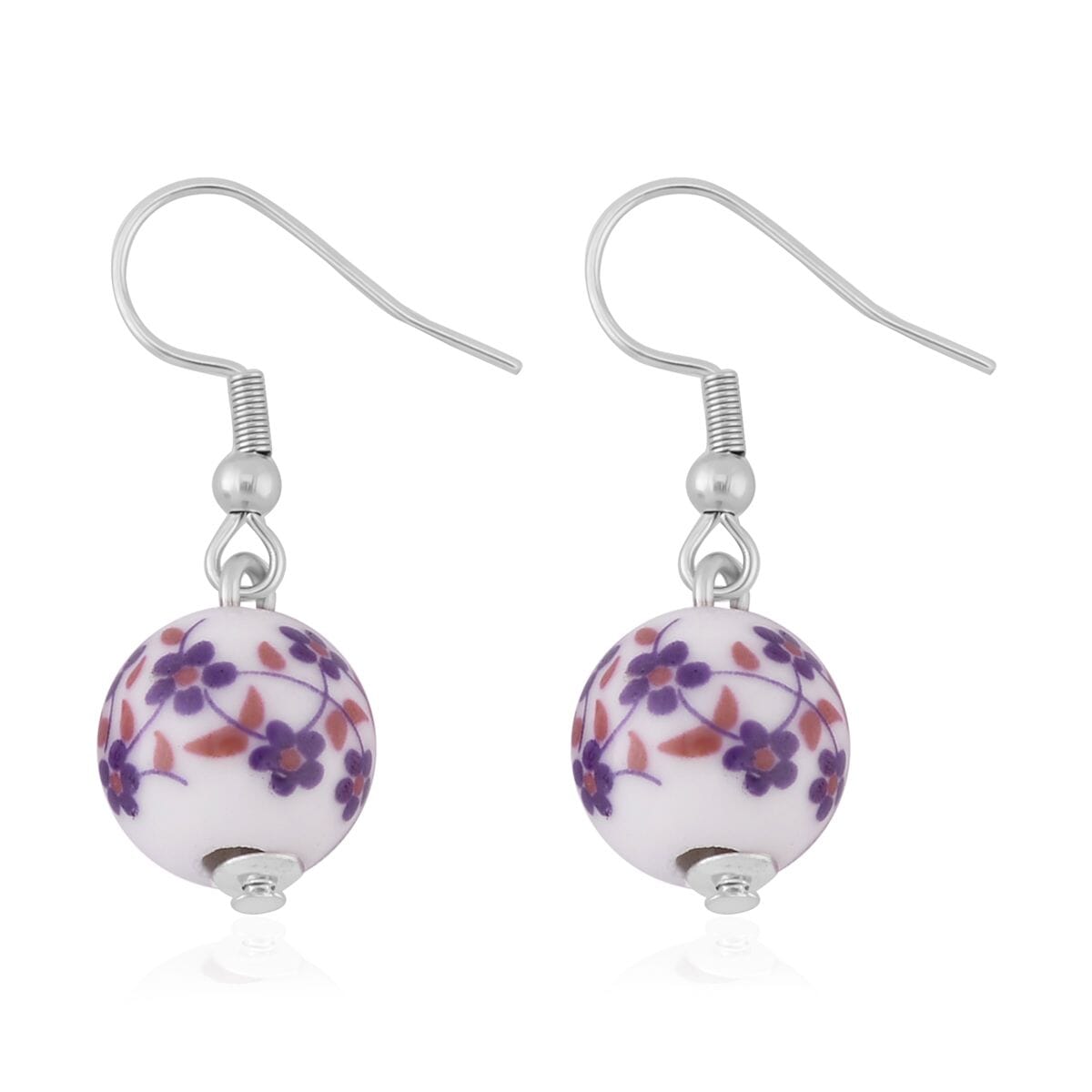 Purple Flower Ceramic Beaded Stretch Bracelet and Earrings in Stainless Steel 246.00 ctw , Tarnish-Free, Waterproof, Sweat Proof Jewelry image number 4