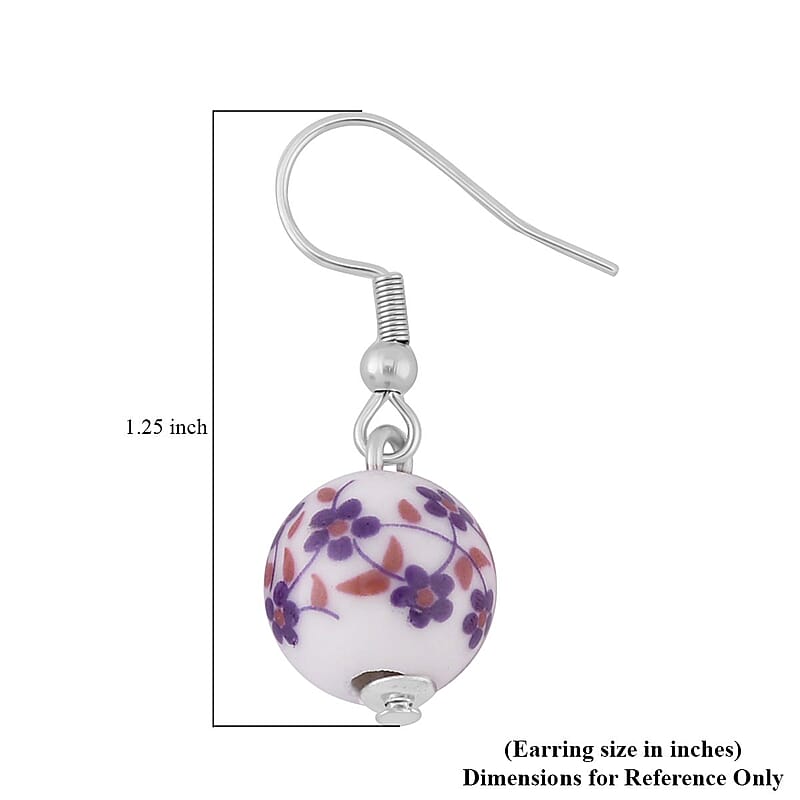 Purple Flower Ceramic Beaded Stretch Bracelet and Earrings in Stainless Steel 246.00 ctw , Tarnish-Free, Waterproof, Sweat Proof Jewelry