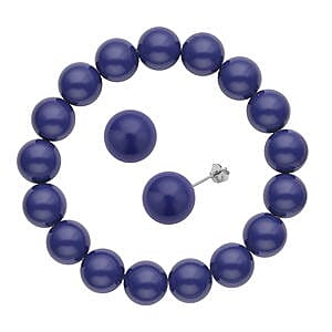 Tanzanite Blue Color Shell Pearl Bracelet (7.0In) and Earrings in Rhodium Over Sterling Silver