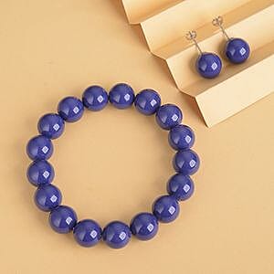 Tanzanite Blue Color Shell Pearl Bracelet (7.0In) and Earrings in Rhodium Over Sterling Silver