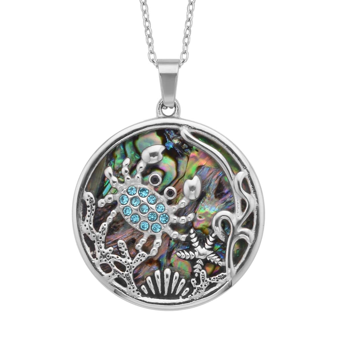 Abalone Shell and Austrian Crystal Marine Life Pendant Necklace 20 Inches in Stainless Steel image number 0