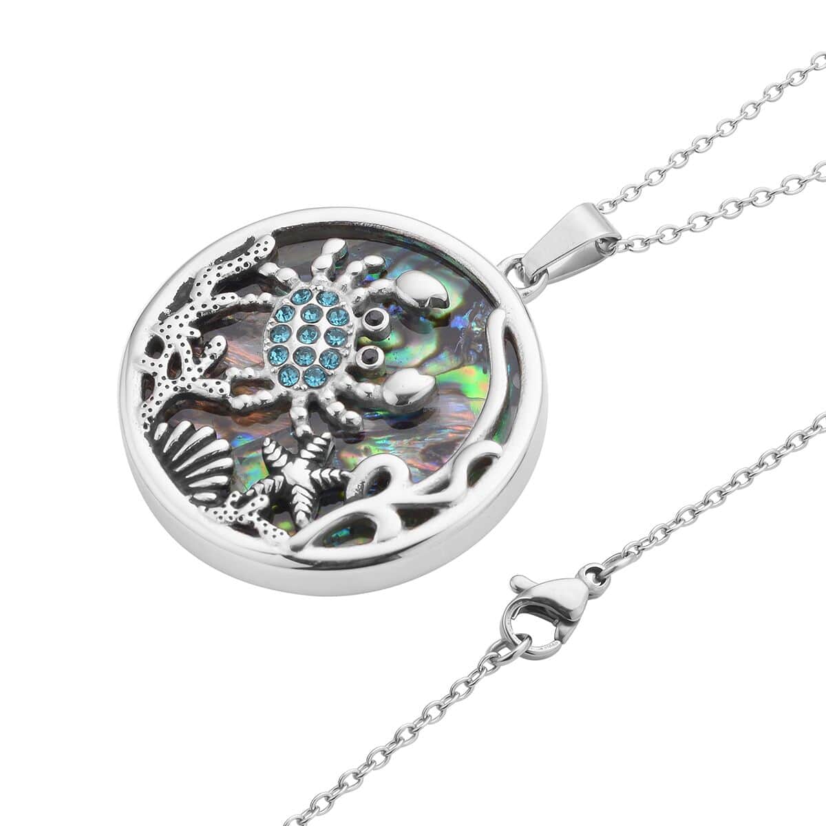 Abalone Shell and Austrian Crystal Marine Life Pendant Necklace 20 Inches in Stainless Steel image number 3