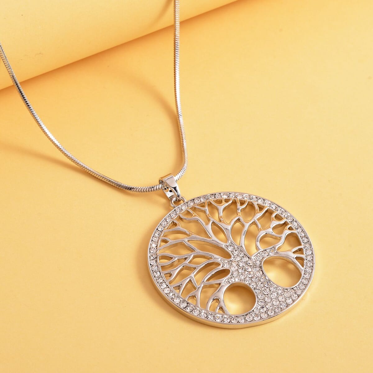 Austrian Crystal Tree of Life Pendant Necklace 28-30 Inches in Silvertone image number 1