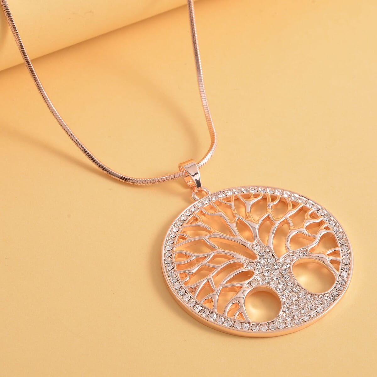 Austrian Crystal Tree of Life Pendant Necklace 28-30 Inches in Rosetone image number 1
