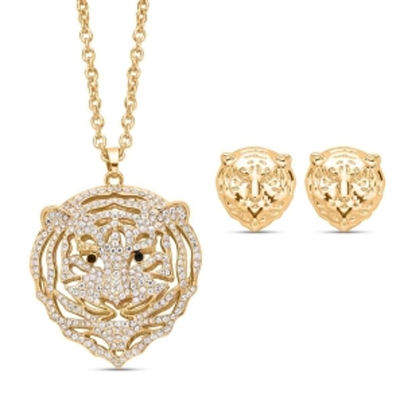 White and Black Austrian Crystal Earrings and Tiger Pendant Necklace (28-30 Inches) in Goldtone